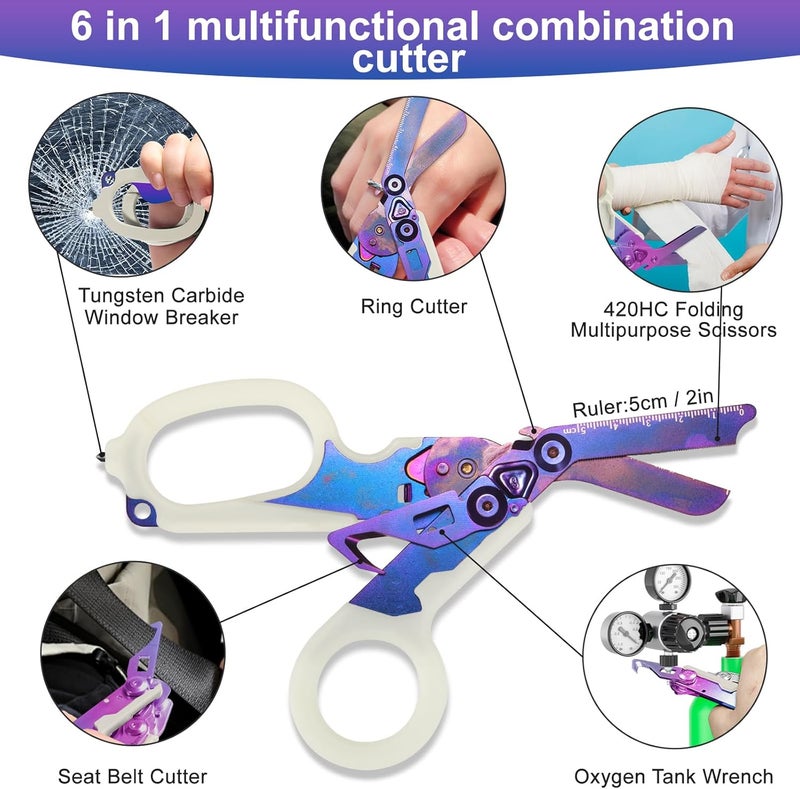 Lemasa 6 in 1 trauma shears, folding emergency shear, Outdoor Camping Tools, Seat Belt Cutter, Oxygen Cylinder Wrench, Complimentary Adjustable Wrench (Luminous Purple) - Image 2